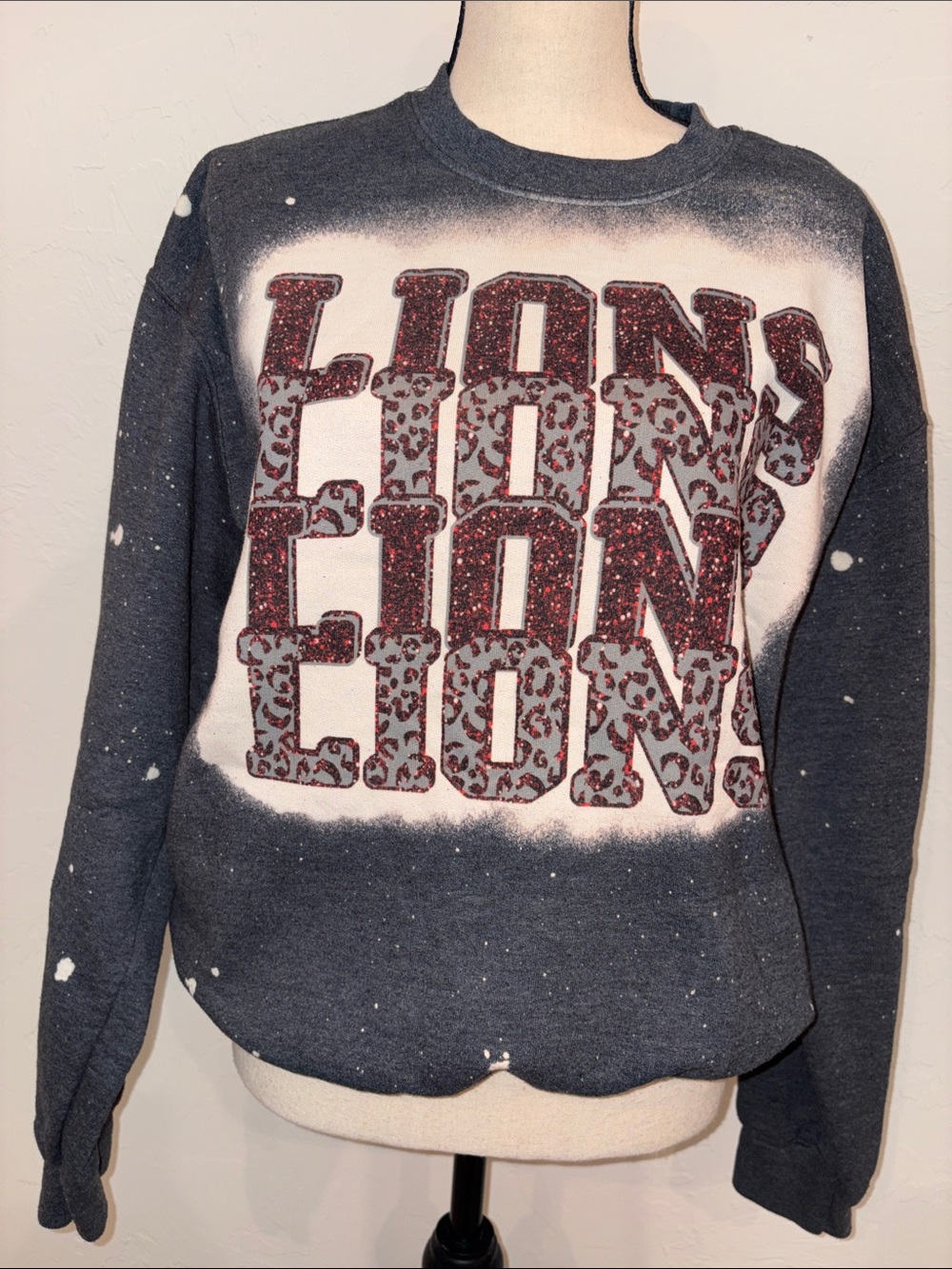 Gildan Charcoal Crewneck Sweatshirt with Red Glitter & Leopard 'LIONS' Graphic